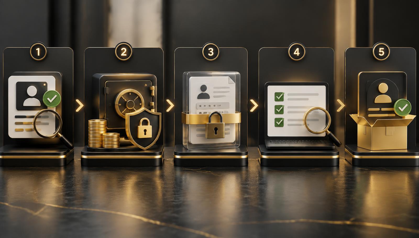 3D KYC workflow showing identity review, escrow, secure documents, face scan and approval